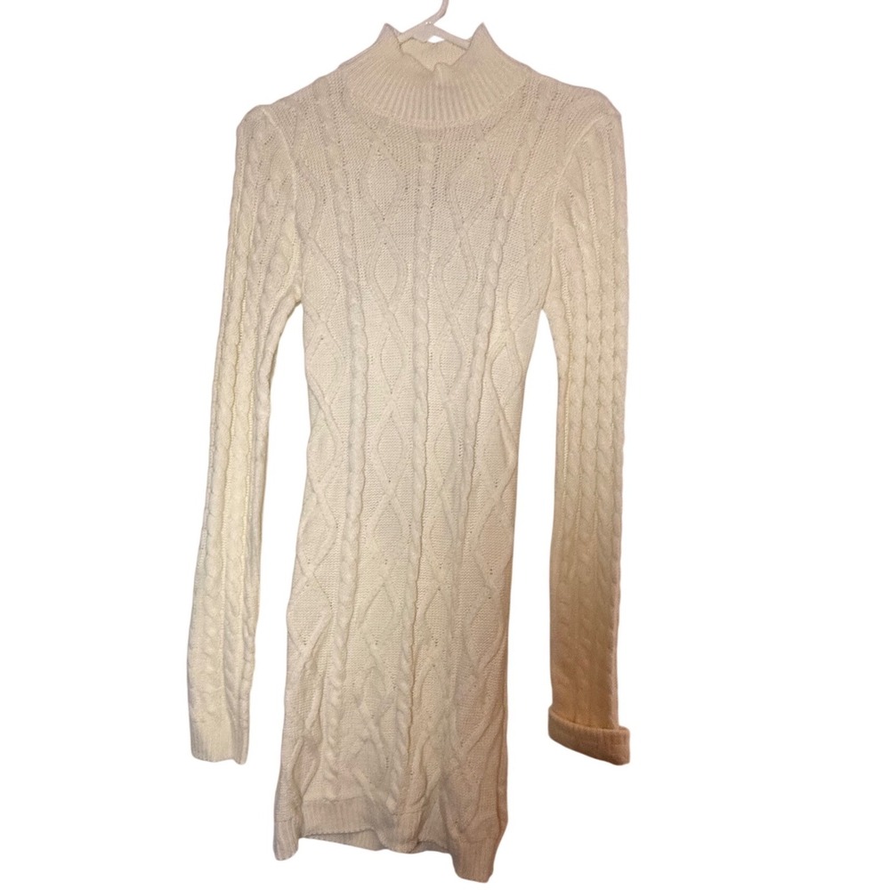 Edikted Ivory Cable Knit Open Back Mock Neck Mini Dress Cream Long Sleeve M
